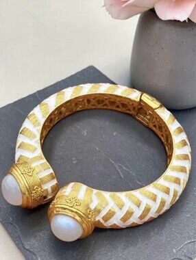 22k Gold Plated Artisan Chunky White Enamel Flash Moonstone Clamper Bracelet